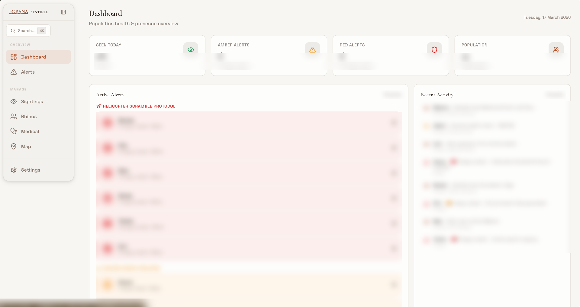 Borana Sentinel dashboard showing rhinos seen today, amber and red alerts, active alerts and recent sightings